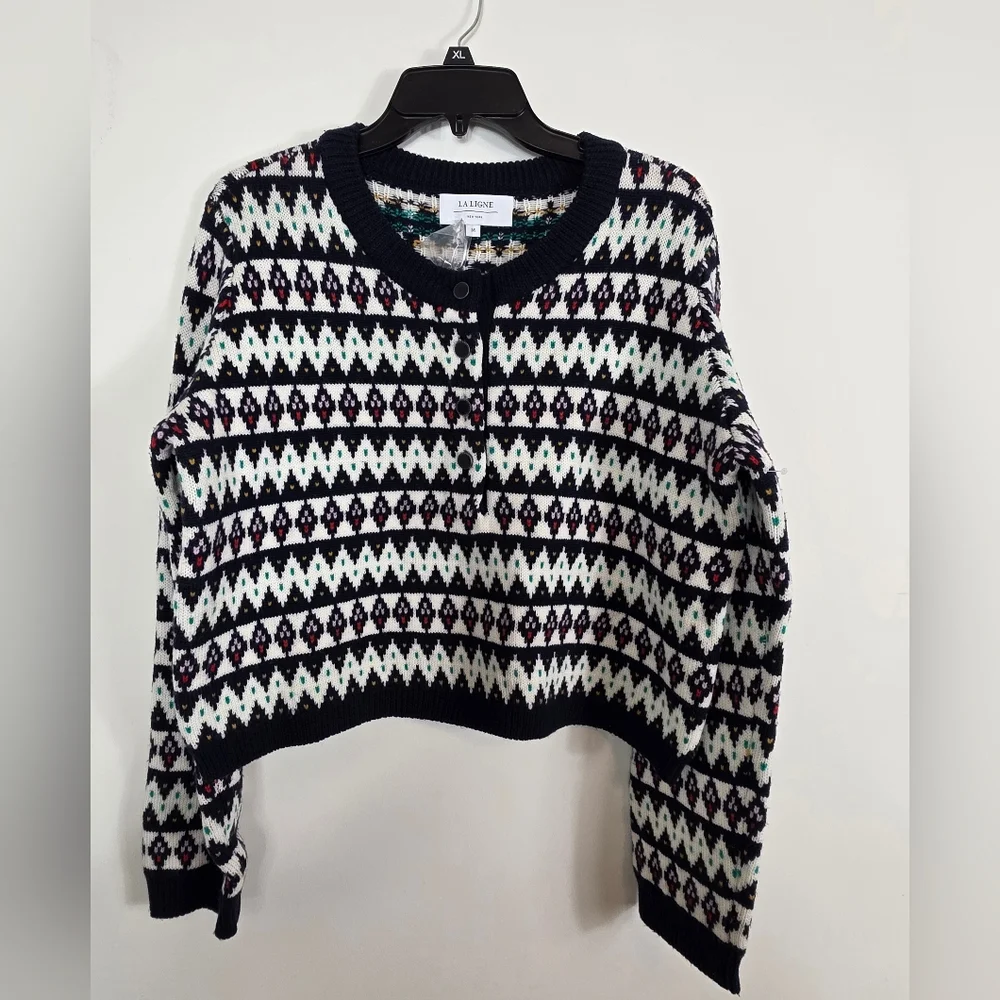 La Ligne Fair Isle Merino Wol Navy Blue Henley Crewneck Pullover Sweater M - Picture 2 of 6